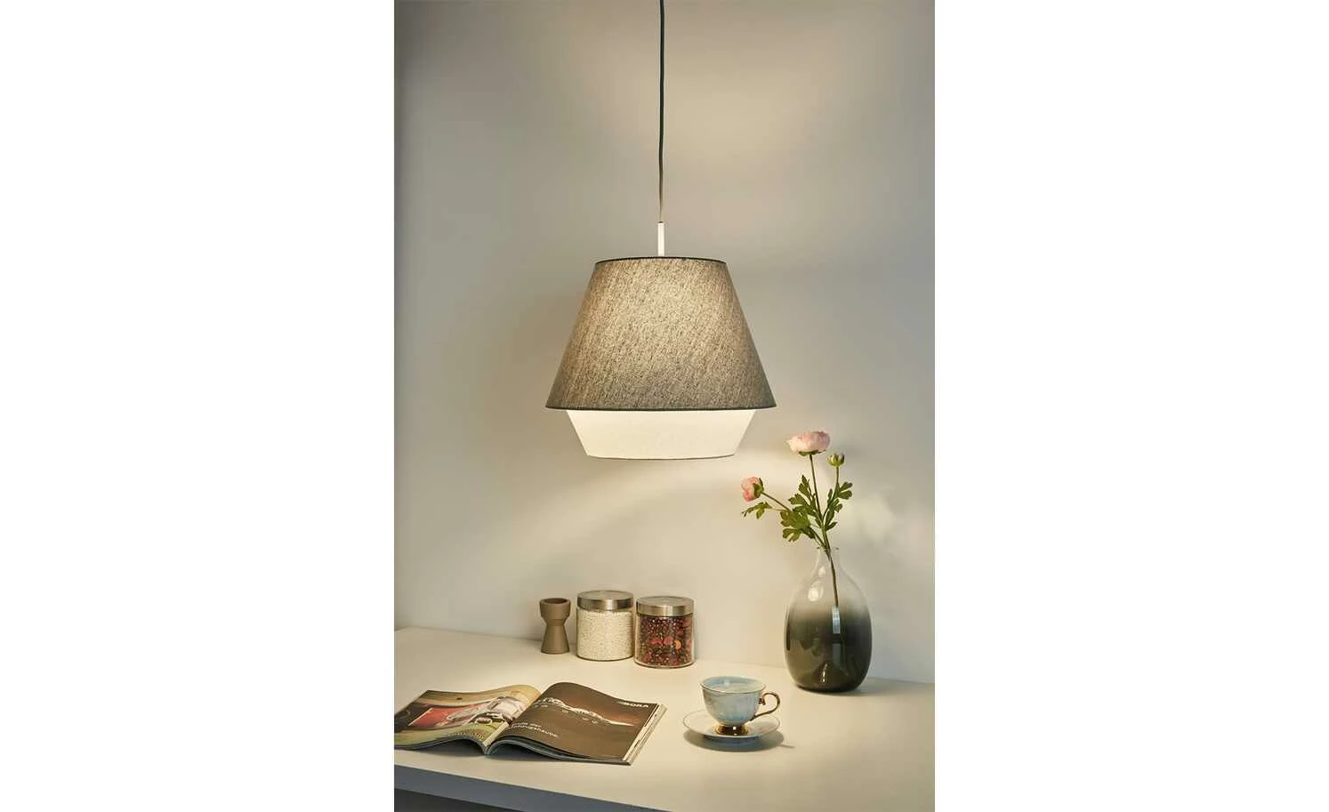 Pendelleuchte, 1-flammig Stoff grau/weiß 4 Pendelleuchte, 1-flammig Stoff grau/weiß – Bild 2