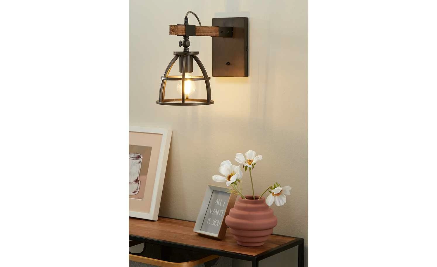 Wandleuchte, 1-flammig, schwarz/holz 3 Wandleuchte, 1-flammig, schwarz/holz