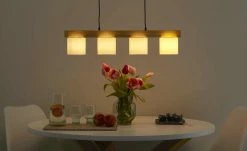 Trio Pendelleuchte, 4-flammig, Holz/ Stoffschirm weiß