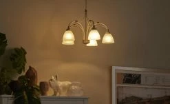 Pendelleuchte, 5-flammig, elfenbein/goldfarben